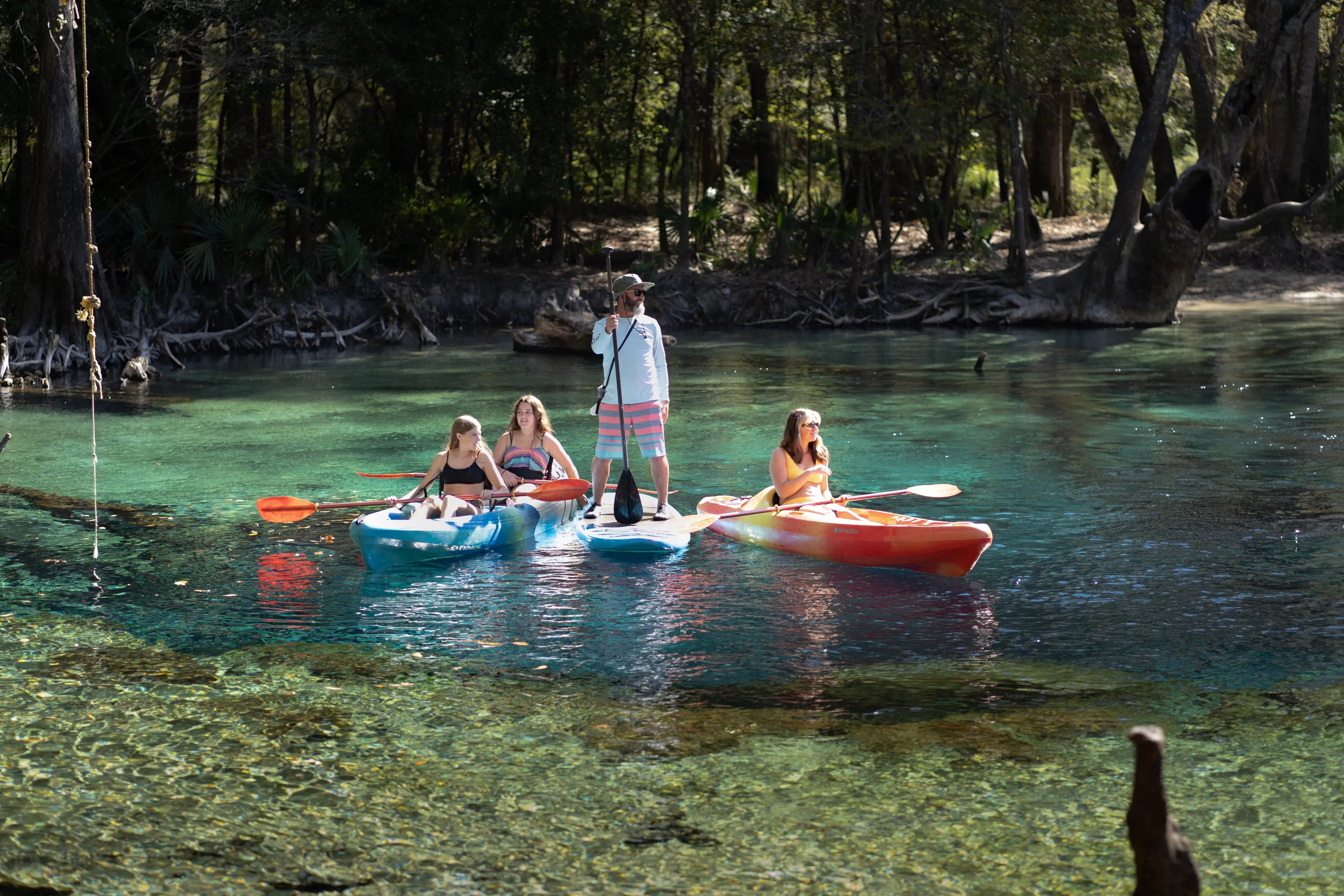 A guide on a paddleboard leads a mother and daughter in a tandem kayak alongside another paddler through a clear, spring-fed creek lined with cypress trees